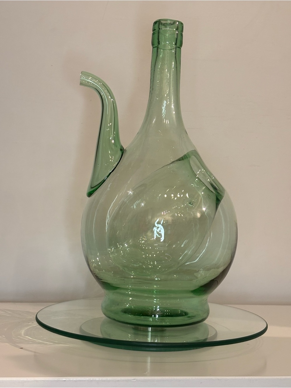 Vintage Green Glass Porron Wine Decanter Carafe with Ice Pocket